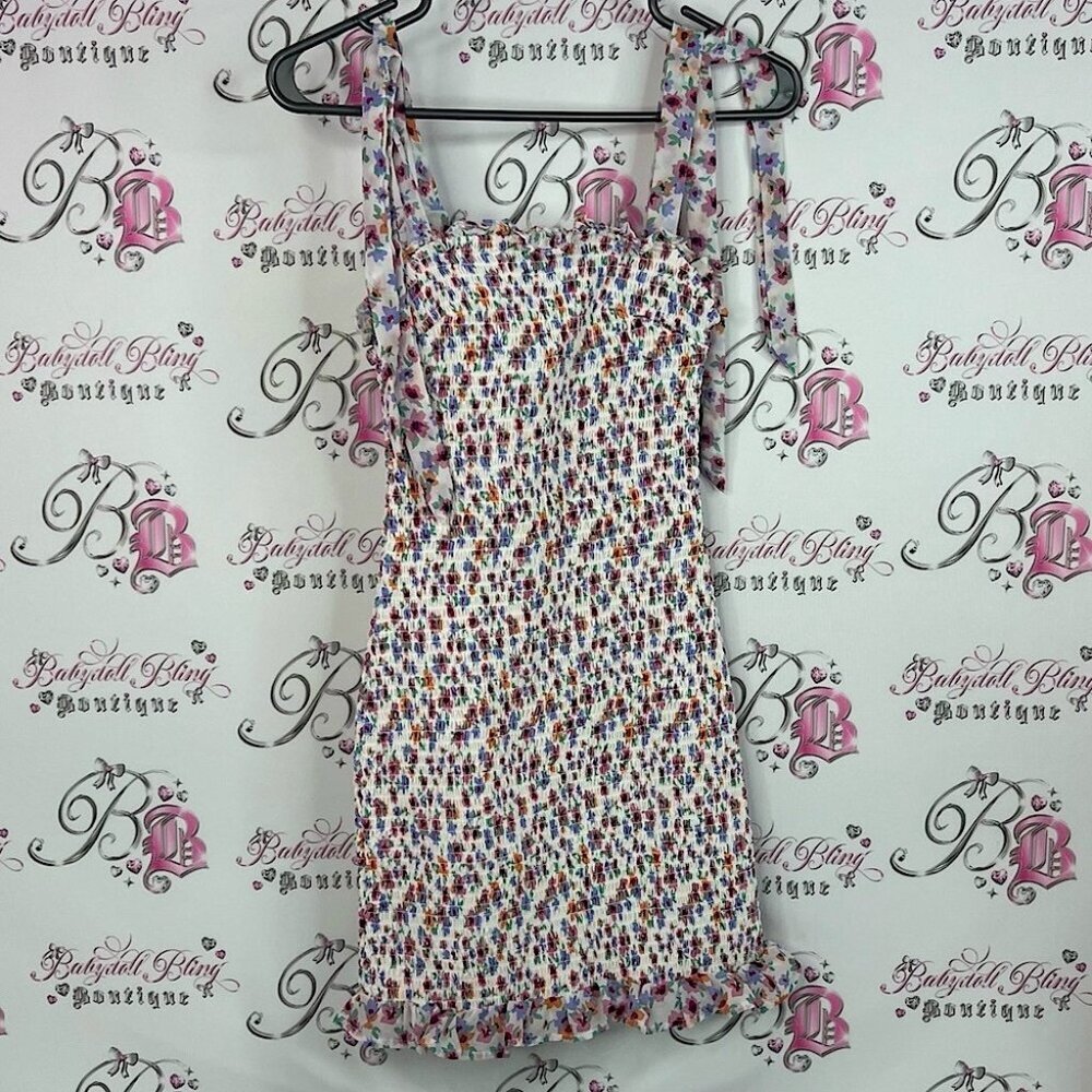 Japna dress tie up straps floral flowers stretchy Smocked Mini Dress ruffle